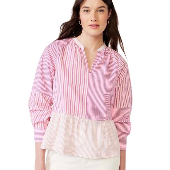NWT Free Assembly V-Neck Long Sleeve Fuchsia Fedora Stripe Peplum Top Size Small - Picture 1 of 14